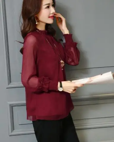1pcs/lot Chiffon Blouse New Women Top Long Sleeve Stand Neck office Shirts Elegant Lady Casual Blouse