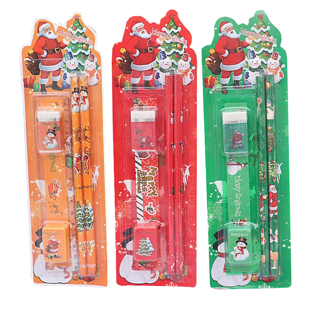 

3 Sets Christmas Theme Stationery Pencils Erasers Ruler 5-piece Set Kids Gifts