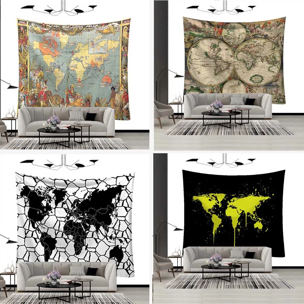 

World Map Tapestry Wall Hanging Retro Aesthetic Home Background Cloth Yoga Bedroom Living Room Blanket Mural Carpets Decoration