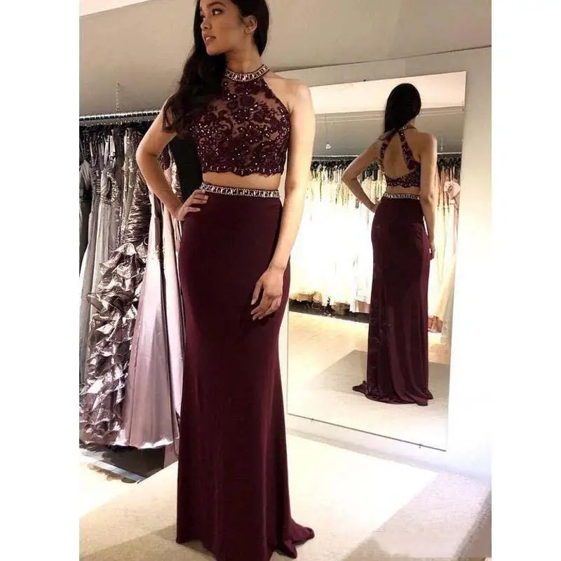 

Sexy Halter Mermaid Prom dresses With Lace Appliqued Beaded Floor Length Custom Special Occasion Dresses Two Piece Prom Gown
