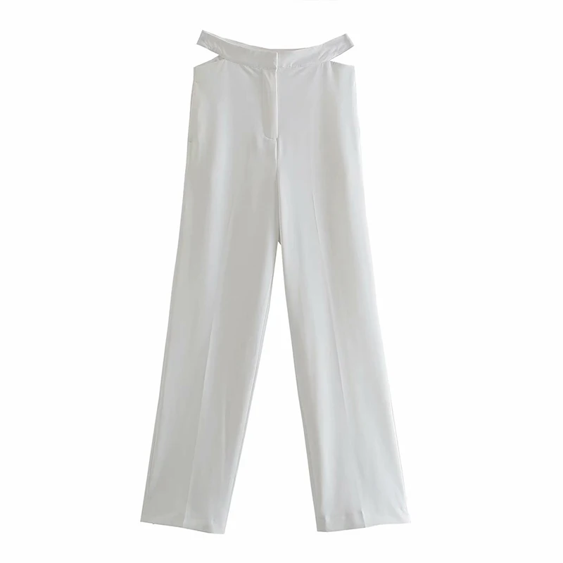 

WXWT Za 2021 Women White Opening Design Suit Pants Trousers High Waist Hollow Out Female Fashion Pants Pantalon MSD1837