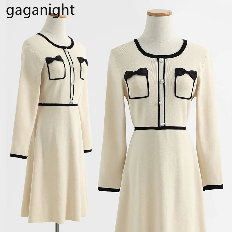 Gaganight Fashion Women Fall Winter Maxidress Knitted Long Sleeves Elegant Solid Dresses Chic Korean A Line Dresses Female Robe