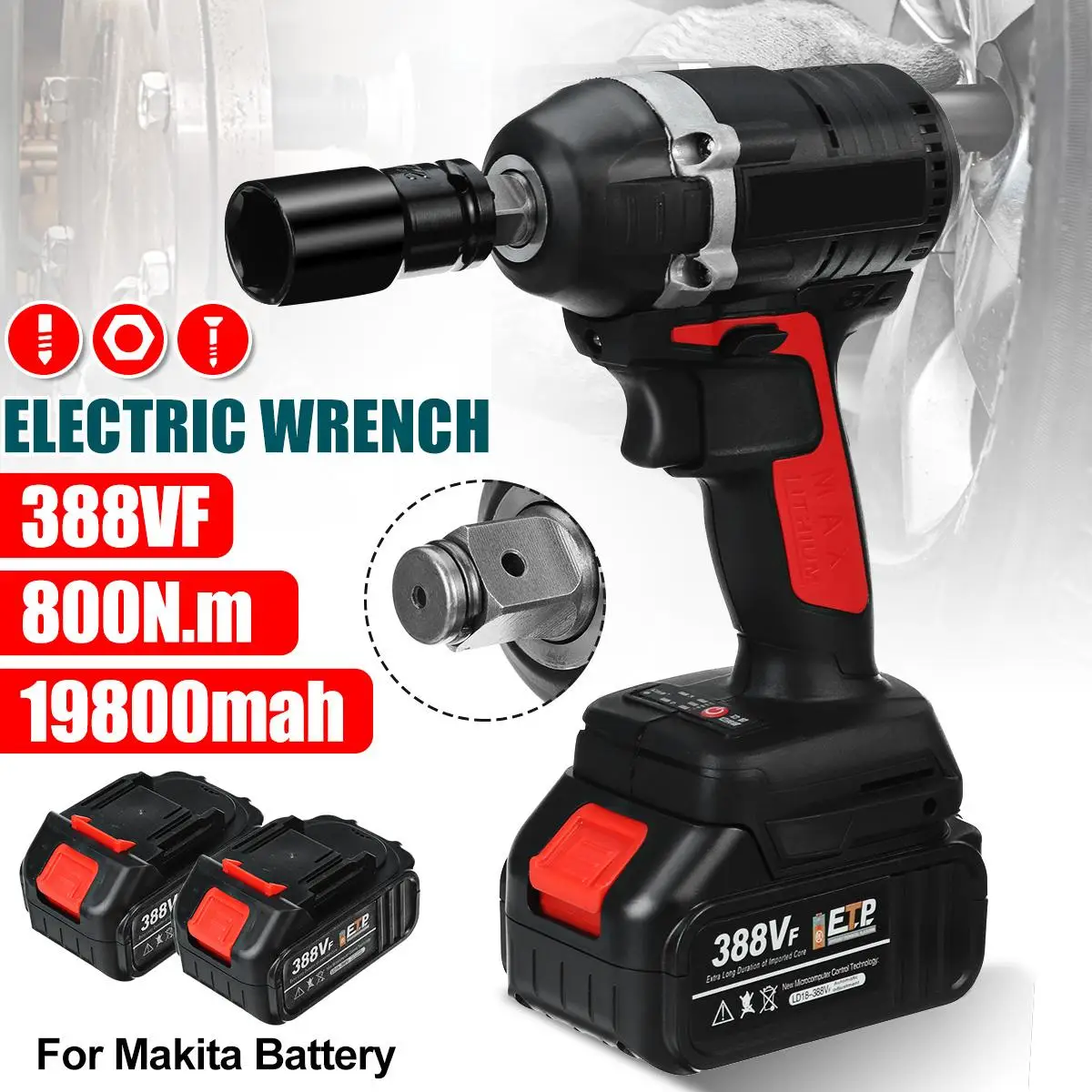 

800N.m Brushless Electric Impact Wrench 1/2 Sokect Cordless Wrench Screwdriver Power Tools Rechargeable for Makita 18V Battery
