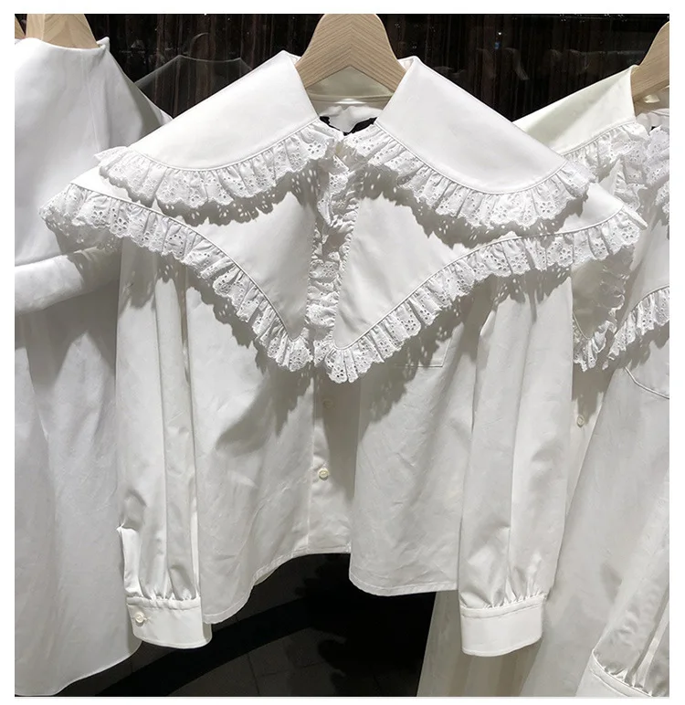 

2021 Spring Women New Sailor Collar Ruffled Lace Patchwork Versatile Soft Cotton Shirt Blouse Lace Hollow Out Lady