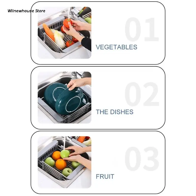 

F62A Stainless Steel Expandable Dish Drying Rack Telescopic Sink Drainer Filter Basket Adjustable Kitchen Drainage Organizer