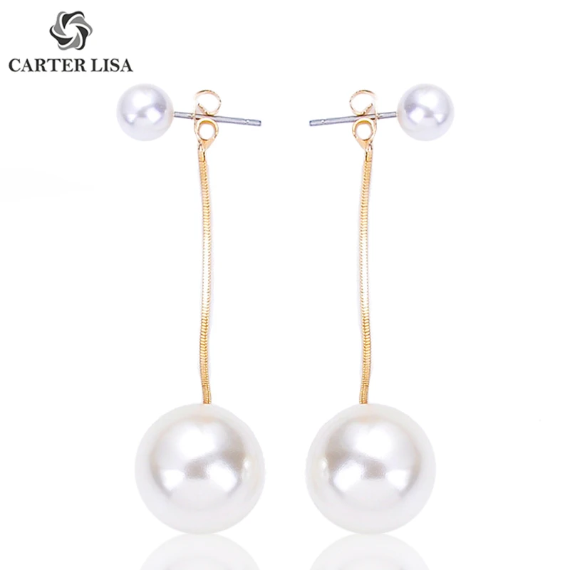 Женские серьги подвески CARTER LISA желтое золото с большим искусственным жемчугом