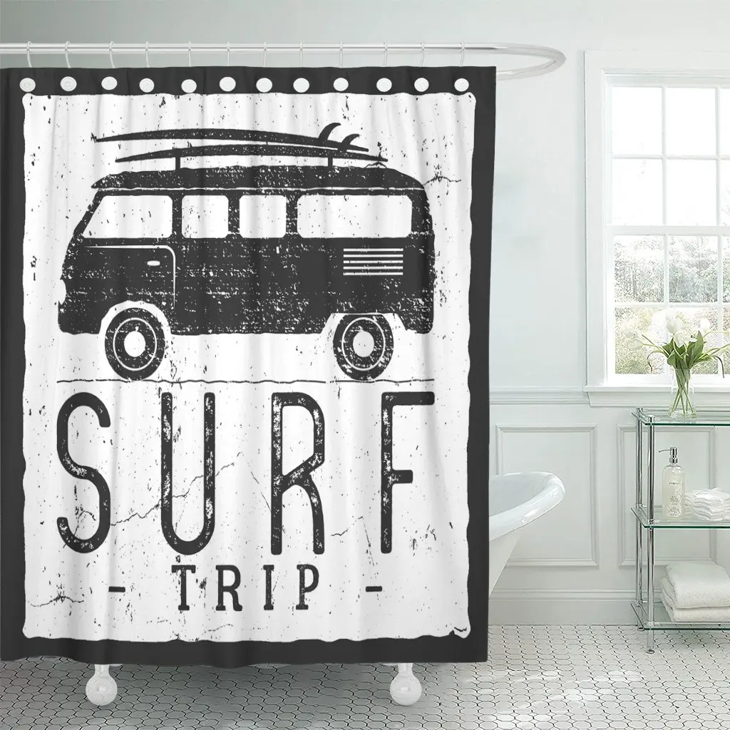 

Surf Trip Summer Surfing Retro Badge Beach Surfer Emblem Waterproof Polyester Fabric Shower Curtain 60 x 72 inches Set with Hook