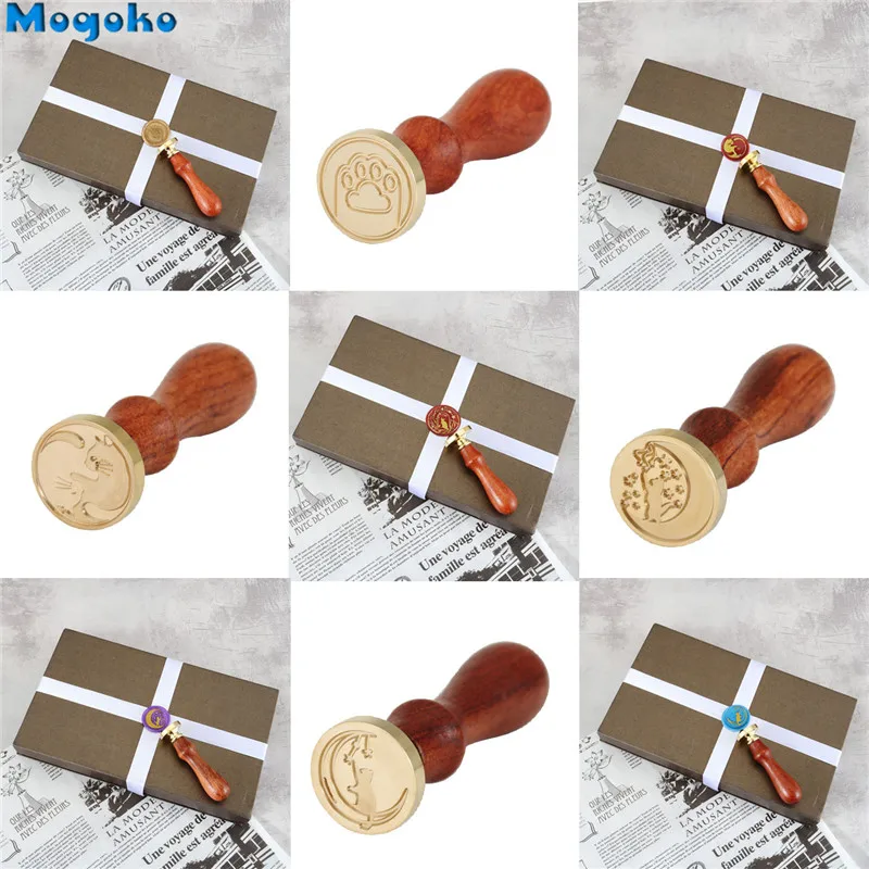 

Mogoko Cat Series Sealing Wax Stamps Retro Wood Classic Wax Seal Stamp Gift Box Cards Envelope Decor Twin Cat/Cat Pick the Star