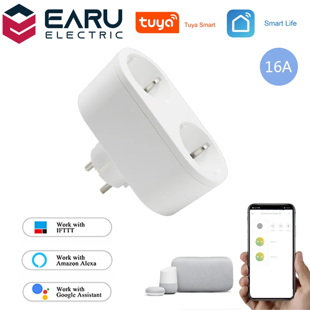 

2 In 1 TUYA 16A EU Smart Wifi Power Plug Energy Monitor Timer Smart House Wifi Wireless Dual Socket Outlet Alexa Google Home