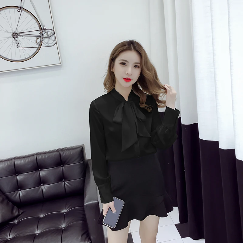 White Shirt Women's Chiffon Office career white shirt Bow Tops Fashion Casual Long Sleeve Women |