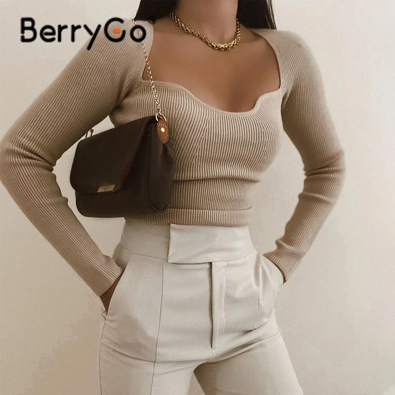 

BerryGo Sheath casual solid autumn pullover women Sexy slim jumper sweater female High street fashion ladies long sleeve top