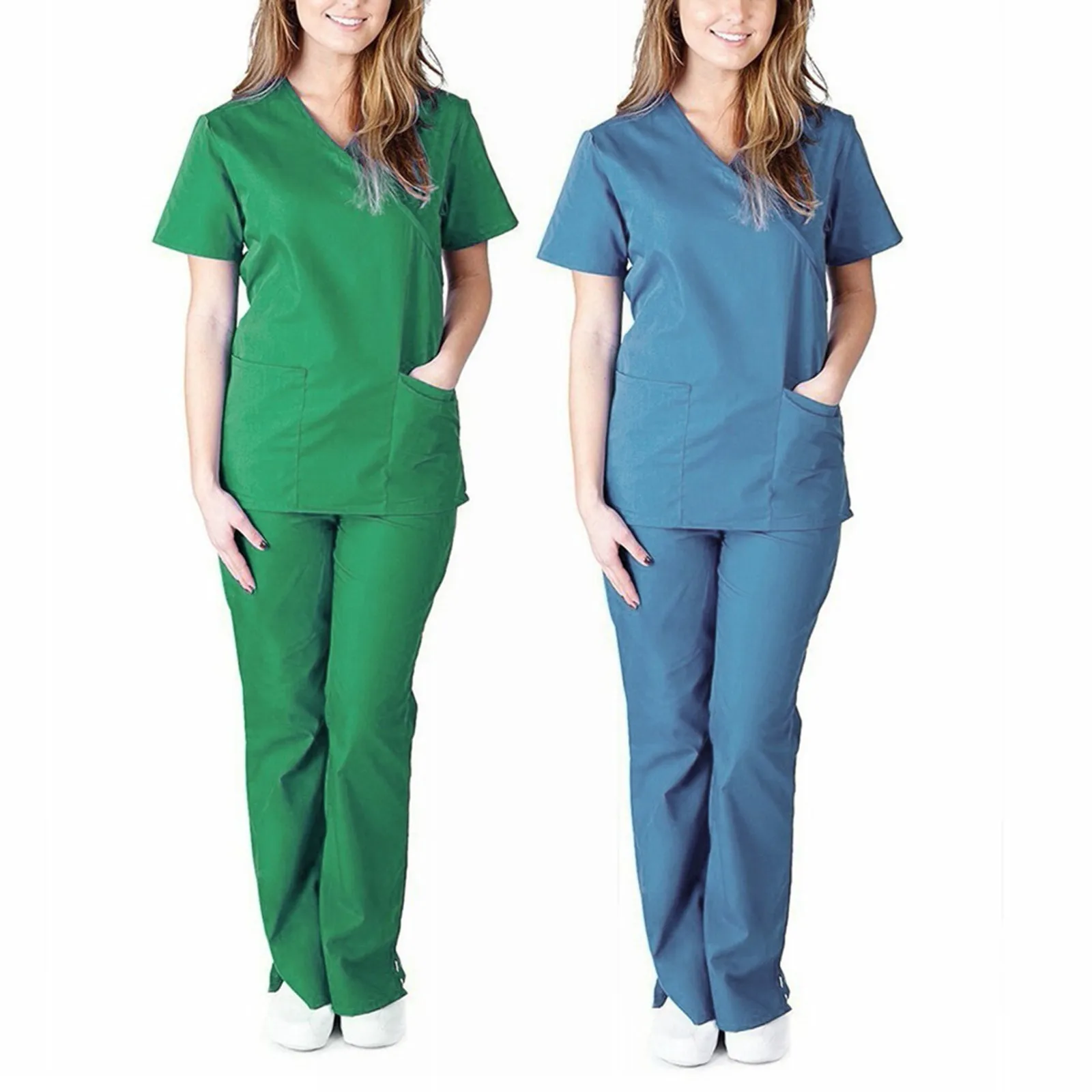 

Women Casual Solid Suits With Short Sleeve V-neck Tops+pants Nursing Working Uniform Pockets Set Suit Playsuit