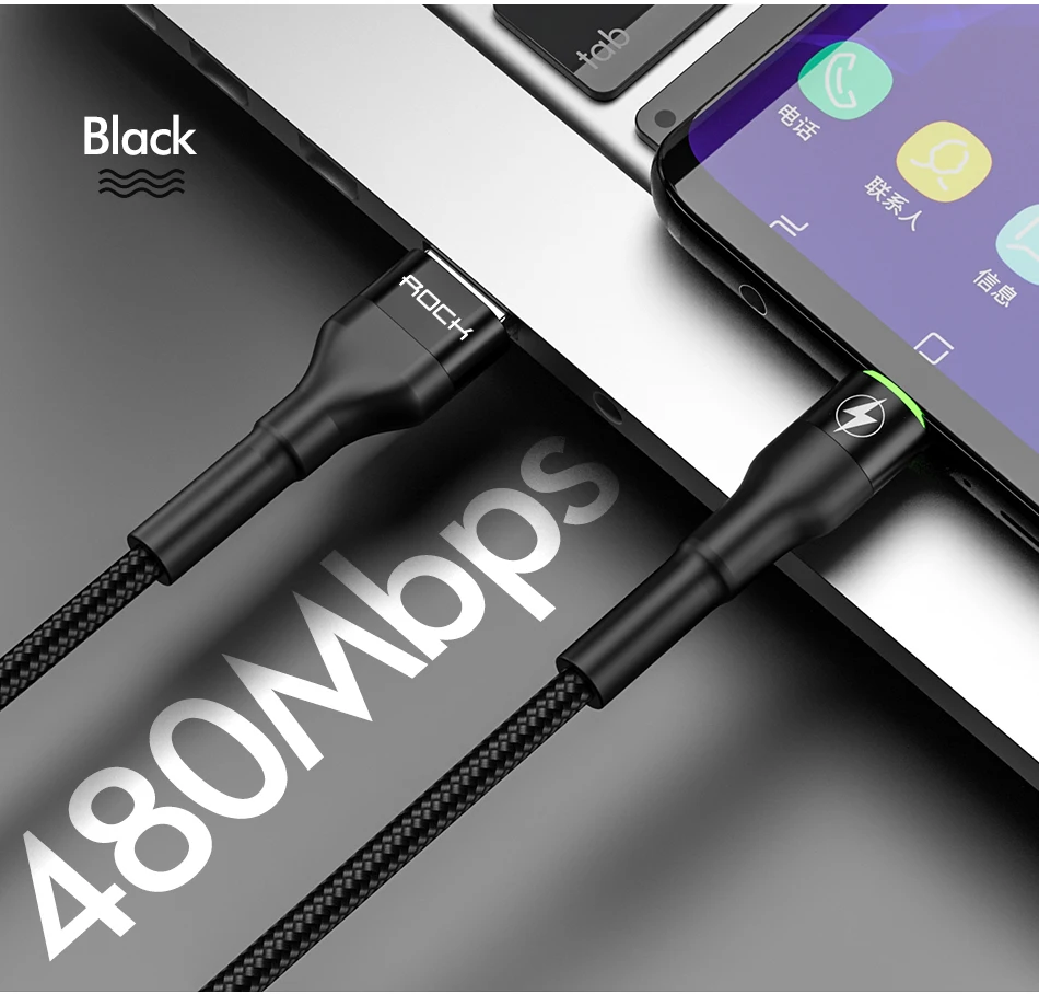 ROCK 5A Metal Led Light USB Type C Cable For Xiaomi Redmi Samsung OnePlus Huawei Mate 20 Pro Fast Charging Data USB C Quick 3.0