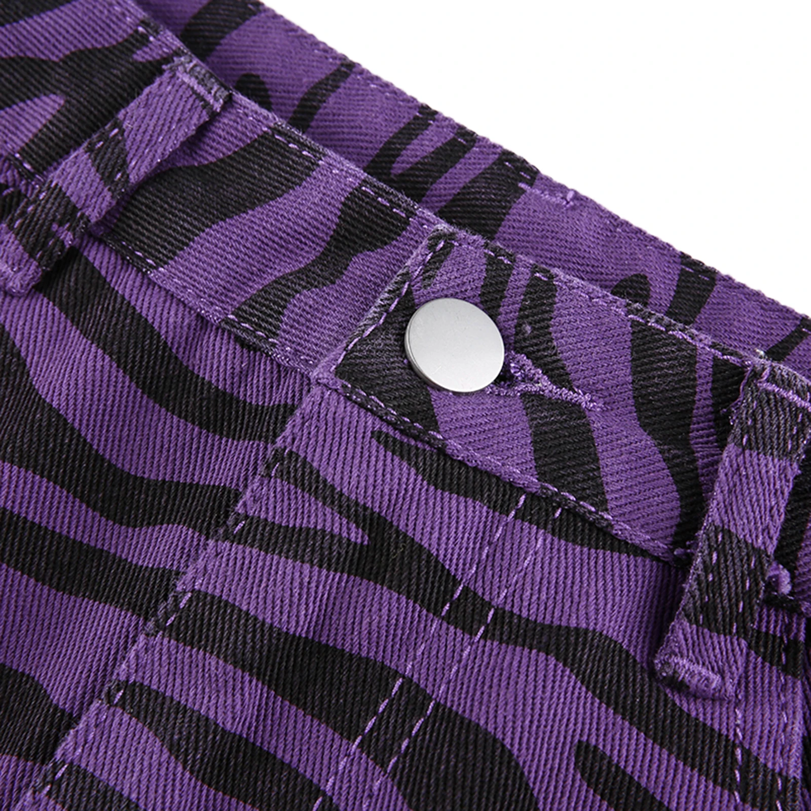 

Summer Women's Mini Denim Skirt High Waist Purple Leopard Print Stylish A-Line Short Pencil Skirt with Pockets
