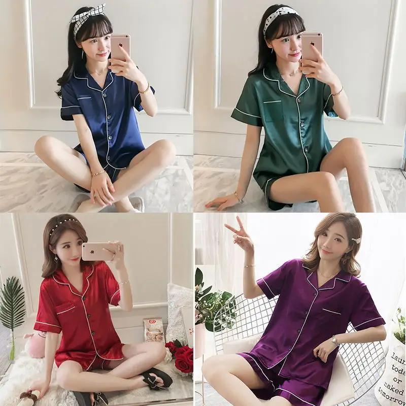 

Summer Women Faux Silk Pajamas Set Simple Pure Color Leisure Set 2 Pieces Ladies Nightwear Short Sleeves Sleepwear