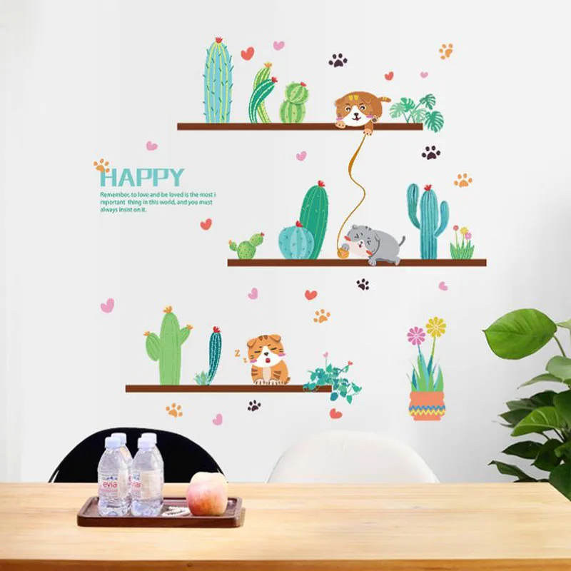 Мультяшные Животные Кошки зеленые горшок для кактуса растения наклейки