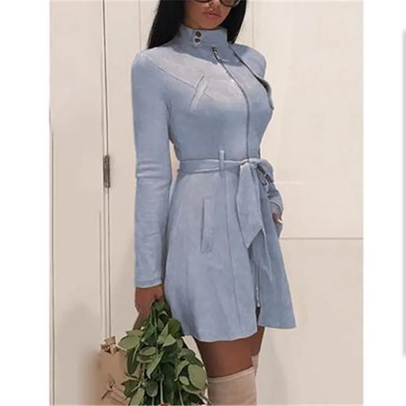 

Trench coat Women Tie rope Buttons Suede Slim Autumn clothes Jacket Solid color Zipper Cool Office lady Female Garb High Quality