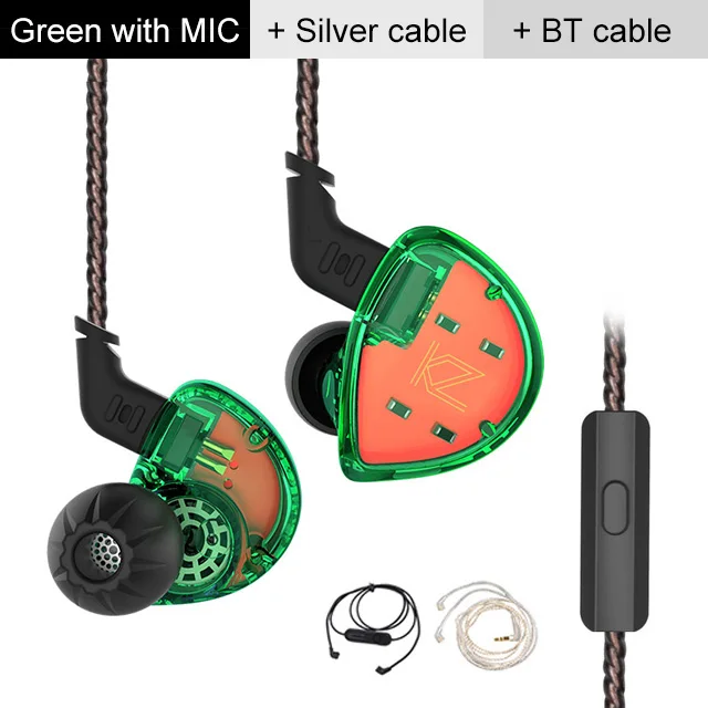 green mic 3 cables KZ ES4 красочные BA+ DD наушники в ухо гибридная гарнитура HIFI бас шумоподавление наушники с кабелем KZ ZST ZS10 AS10 - Цвет: green mic 3 cables
