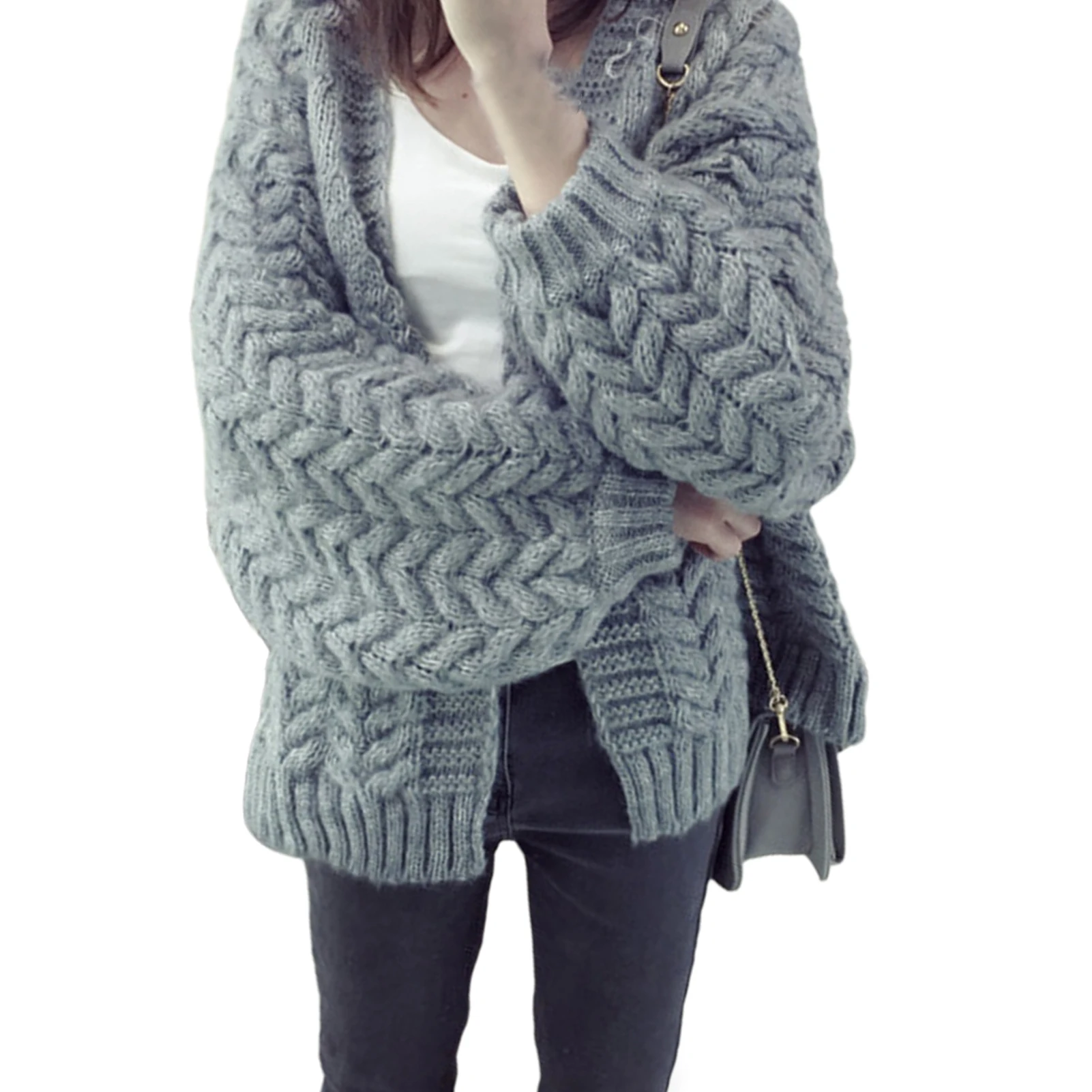 Осень-зима 2020 женский свободный вязаный кардиган с открытой передней частью