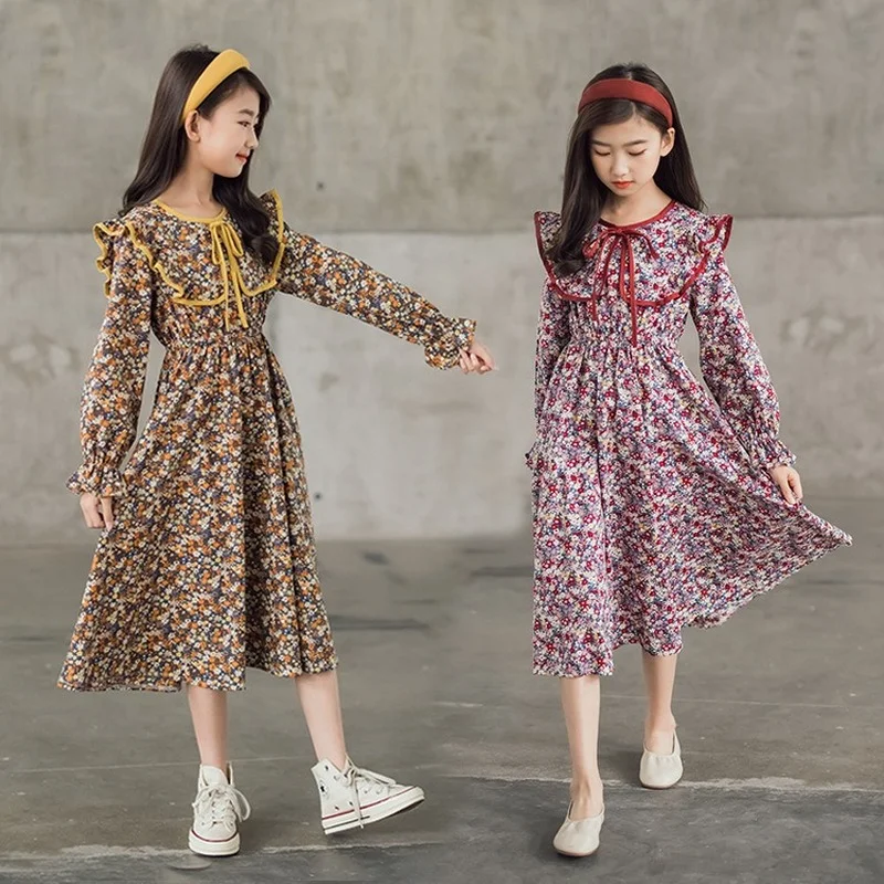 

New Autumn Floral Girls Dress Teen Kids Middi Cotton Dress 2021 New Baby Children Clothes Long Sleeve Peter Pan Collar,#6431