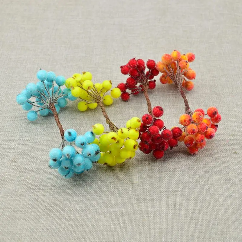 D-40pcs, миниатюрные рождественские матовые искусственные ягоды, яркие красные ягоды Холли, рождественская елка, Декоративные искусственные цветы