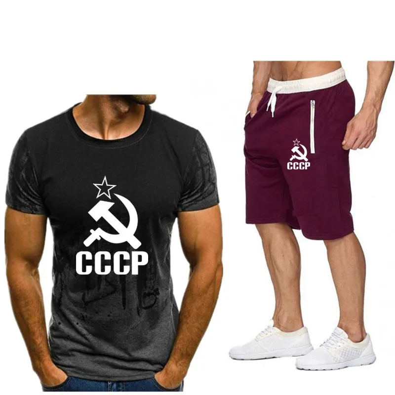 Комплект из футболки и шортов для мужчин модный костюм СССР двух предметов лето