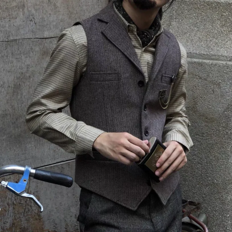 

Men's Tweed Herringbone Suit Vest Retro Trend Sleeveless Male Steampunk Waistcoat chaleco hombre