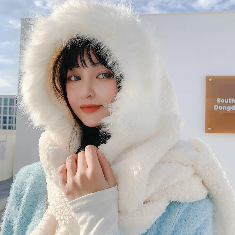 

Winter Hooded Scarf Thickened Skullies Beanies Soild Hats & Scarf Plush Gloves Wool Women Outdoor Casual Caps Keep Warm Girls