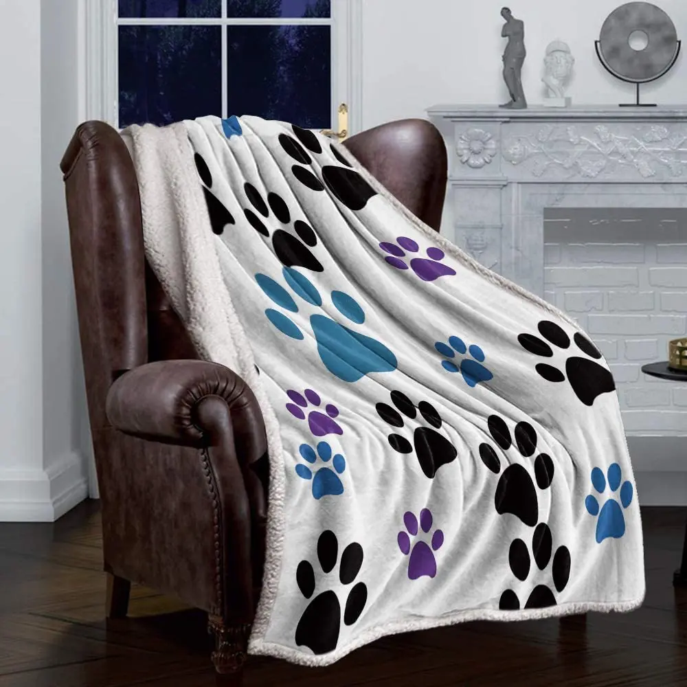 

FAMILYDECOR Super Soft Sherpa Fleece Throw Blanket for Sofa Bed Living Room Cute Dog Paw Animal Footprints