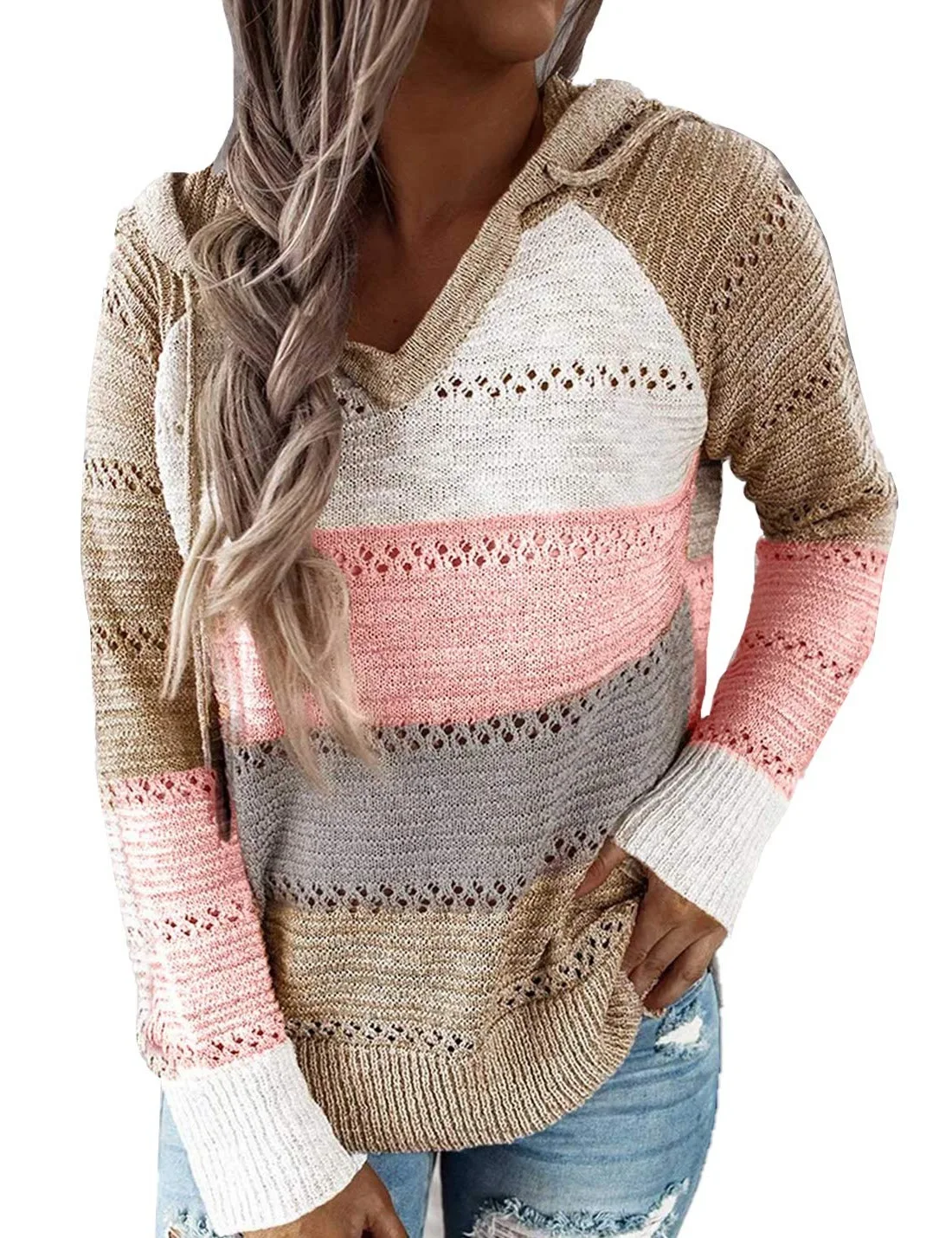 

Knitted Hooded Sweater Spliced Tricolor Sweater Sweaters for Women Winter Clothes Women Sweaters Pink Woman Sweaters