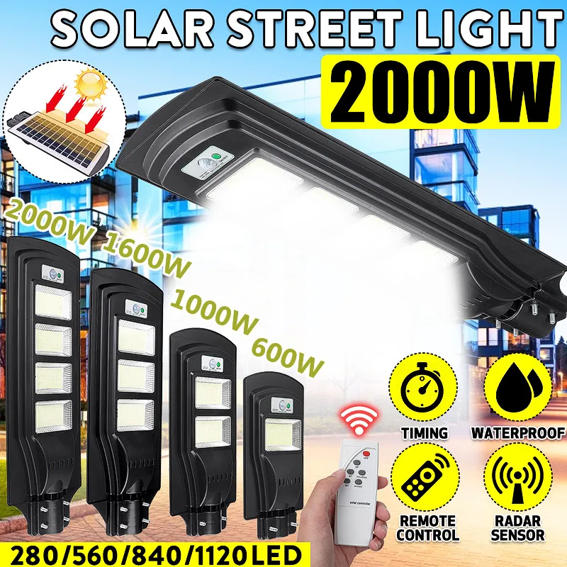 

2000W 1120LED Solar Street Light IP65 Outdoor Garden Radar PIR Motion Sensor Solar Wall Lamp Solar Powered Light+Remote Control