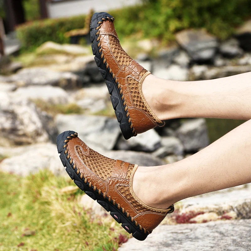 

New Summer Breathable Mesh Men Shoes Fashion Loafers Genuine Leather Mens Casual Shoes Outdoor Wading Sneakers Zapatillas Hombre