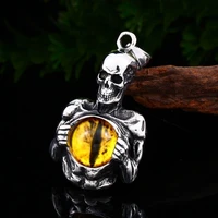 new exaggerated skull inlaid cats eye stone pendant for men metal sliding horror pendant necklace accessories party jewelry