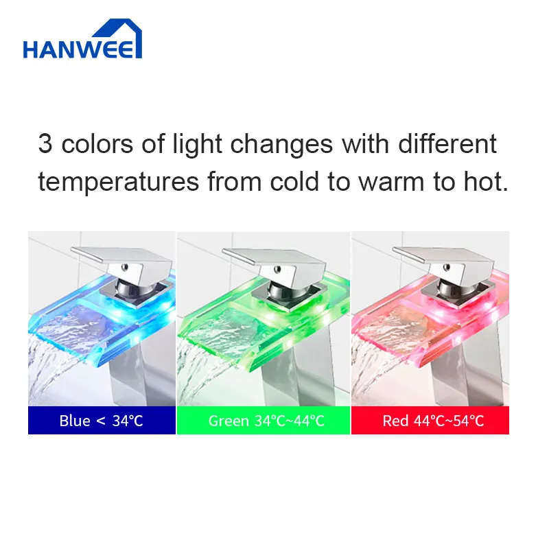 Светодиодный смеситель для раковины латунный кран Водопад с регулировкой