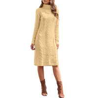 women winter long sleeve turtleneck midi pullover sweater dress solid color cable knitted slim fit knee length casual party club