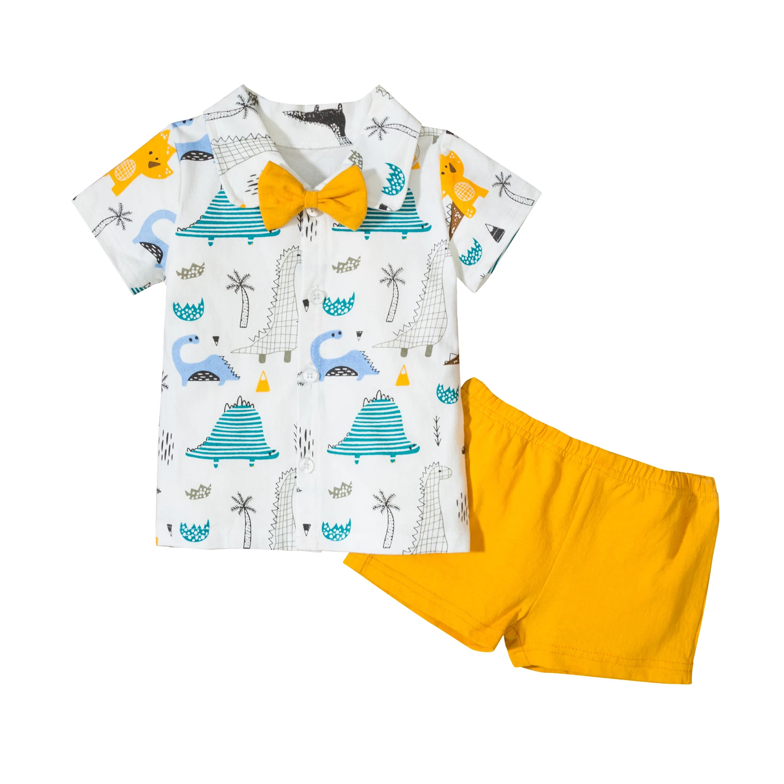 

OPPERIAYA 2Piece Kids Suit Casual Set Dinosaur Print Turn-Down Collar Short Sleeve Shirts Solid Shorts for Baby Boys 3-18 Months