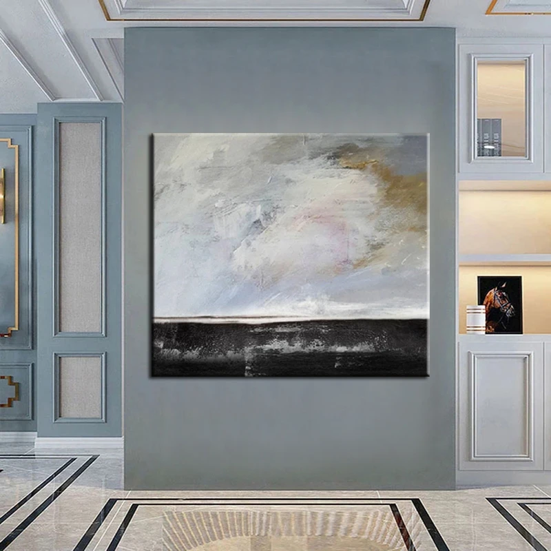 

100% Hand Painted Oil Paintings Black White Large Abstract Landscape Horizontal Wall Art Handmade Large Wall Art Decor