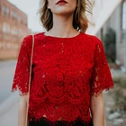 Блузка женская с коротким рукавом, повседневный кружевной топ, красная Свободная рубашка, одежда для женщин, 2021