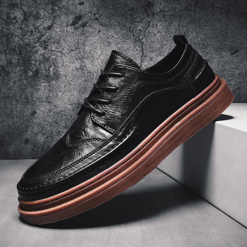 black Men Shoes Casual genuine Leather Sneakers Men Shoes outdoor fashion Men'S Casual Shoes British brogue Lace Up Male Flat shoes s5 - Цвет: black