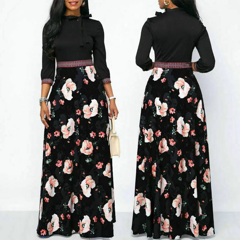 Горячая Распродажа женское винтажное платье макси с длинным рукавом Цветочное