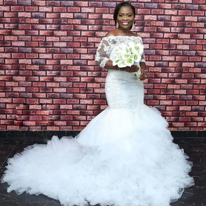 

Размера плюс свадебное платье с длинными рукавами, кружевное платье-русалка в африканском стиле с аппликацией и оборками