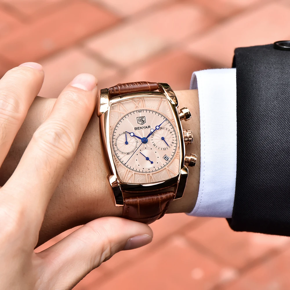 

BENYAR Brand Luxury Sport Men Watches 2021 Luxury Brand Gold Rectangle Watch Men Leather Band Waterproof Quartz Wrist Watch Men