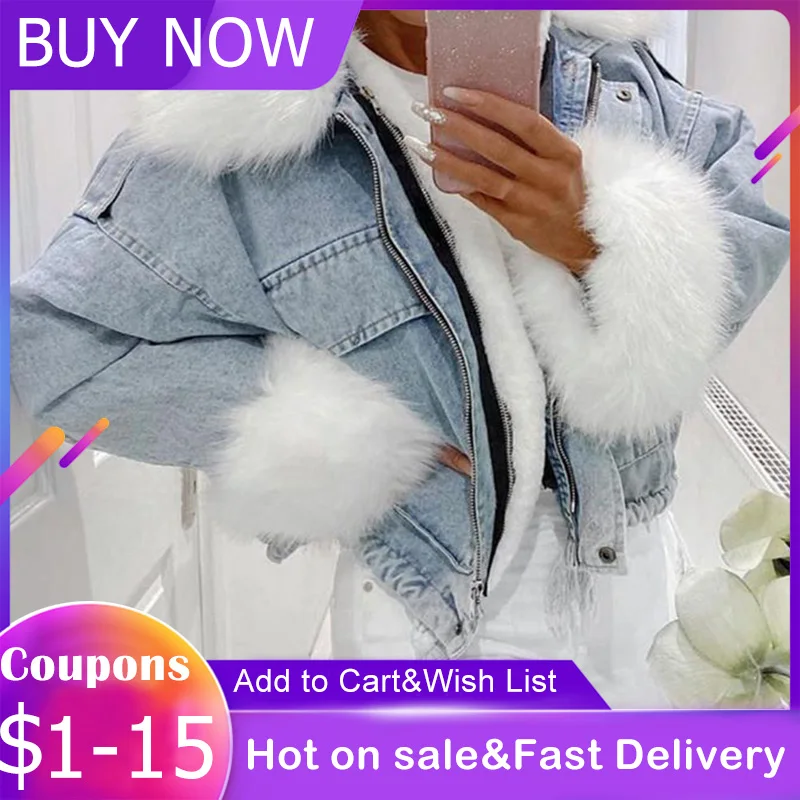 Женская джинсовая куртка теплая Повседневная из денима Короткая толстая зимняя