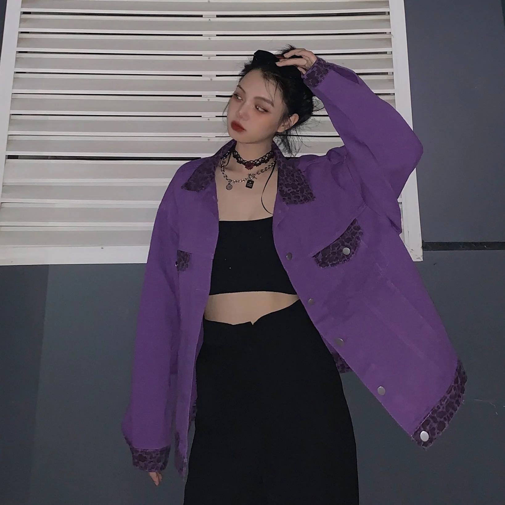 

Streetwear Vintage Leopard Print Patchwork Denim Jacket Women Fall Korean Loose Oversized Long Sleeve Female Casual Jeans Jacket