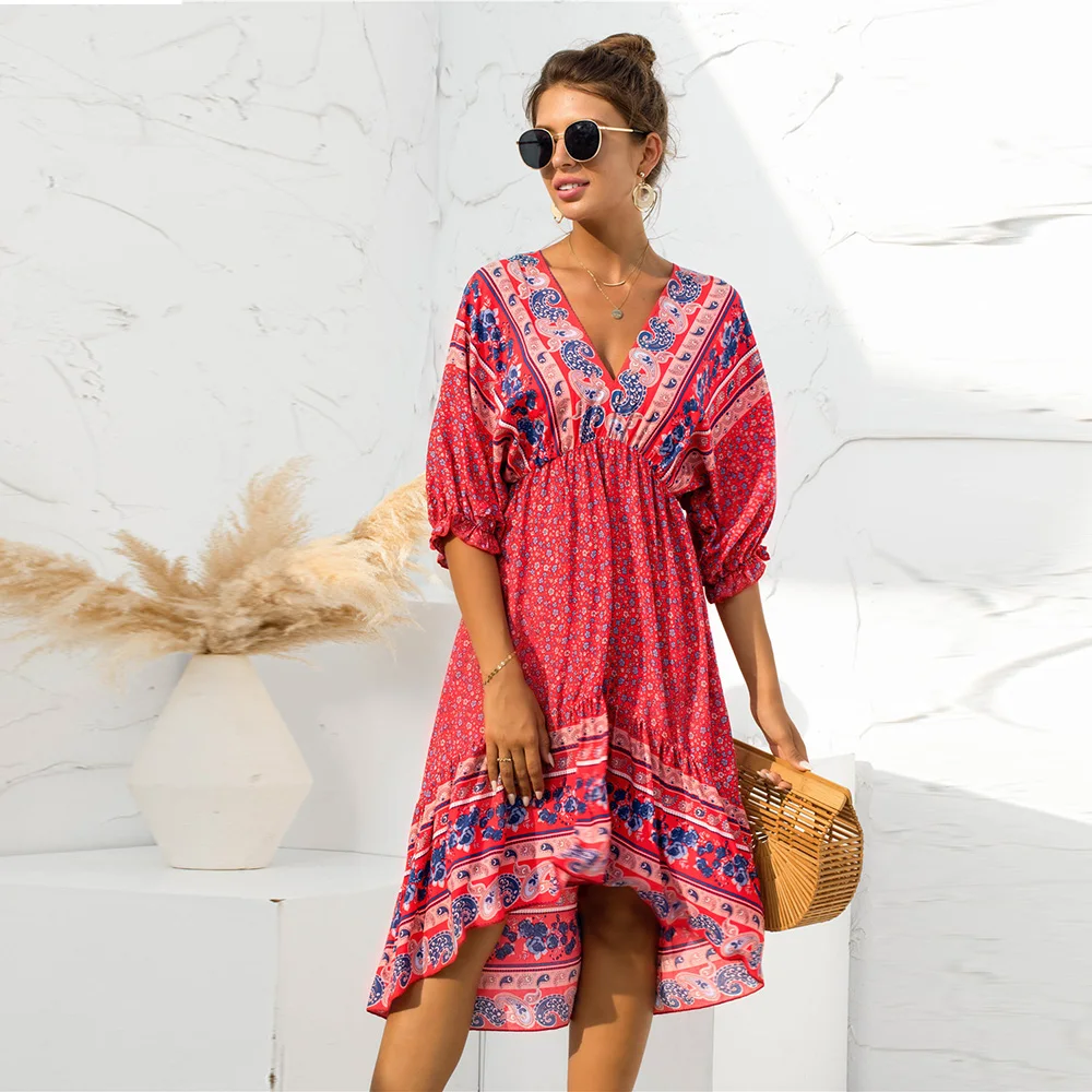 

Винтажные Цветочный принт в стиле «Бохо нерегулярные миди платье новые летние женская повседневная юбка с высокой талией, сексуальные боди...