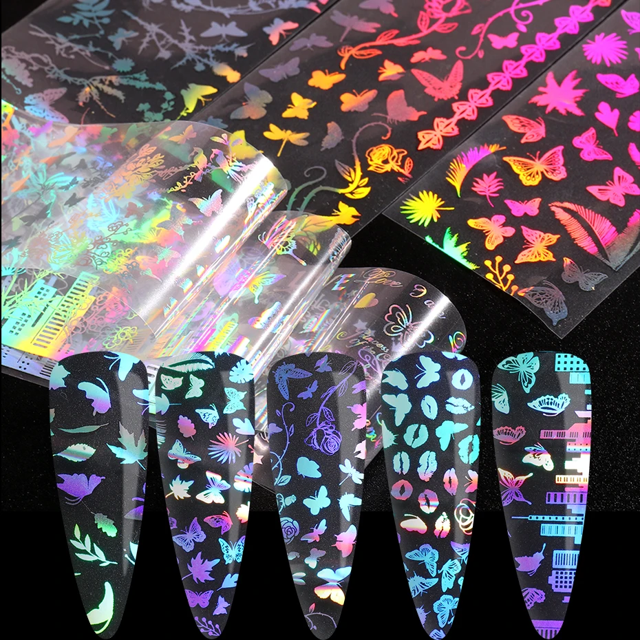 

10pcs Laser Nail Foil Holographic Butterfly Flowe Leaf Nail Art Transfer Sticker Slider Decals Wraps Manicure Accessories