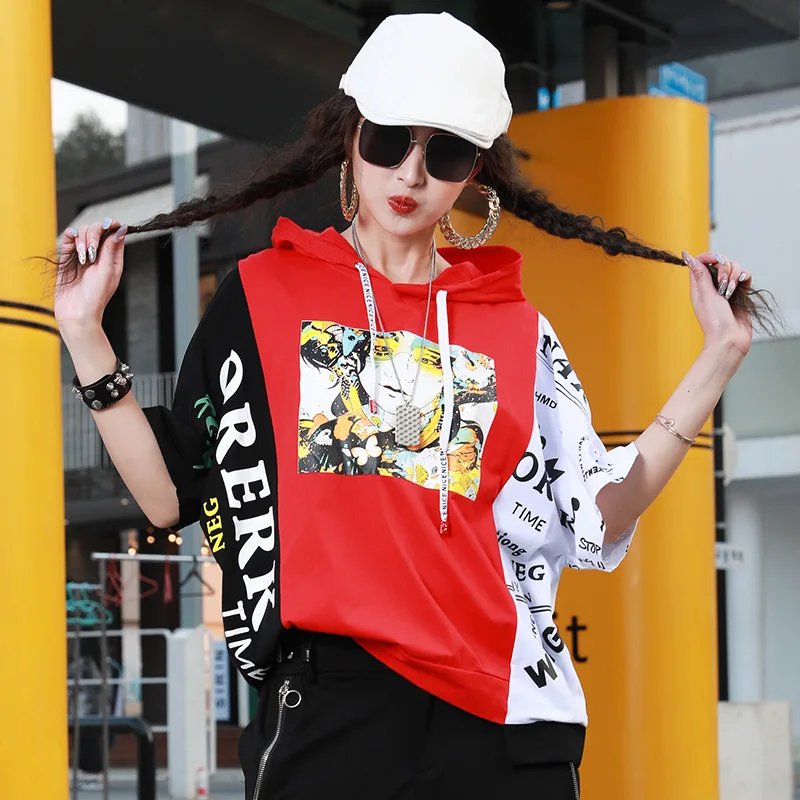 

2021 New Summer Hoodies Short Sleeve Cartoon Print Hip Pop Trendy Girls Street Tops Hooded Kawaii Sweatshirt Mujer Freeshipping