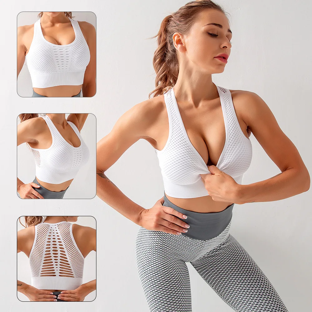 

Ladies Fitness Sports Bra Seamless Yoga Bra Fitness Top Mesh Back Removable Cup Sports Bra Ladies Workout Top Sexy Underwear