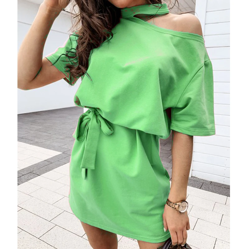 

Vintage Women Off Shoulder Halter Dress Summer Short Sleeve Mini Dresses Girls Solid Lace Up Party Dresses Clubwear Vestidos