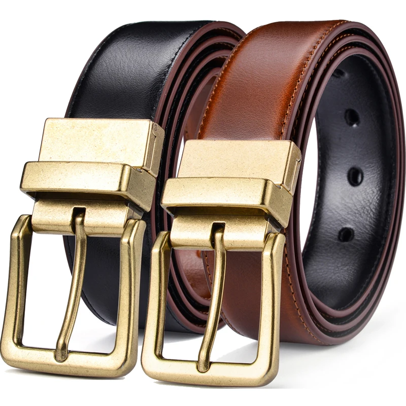 Men's Leather Reversible Belts Adjustable Antique Style Rotated Buckle 2 In 1